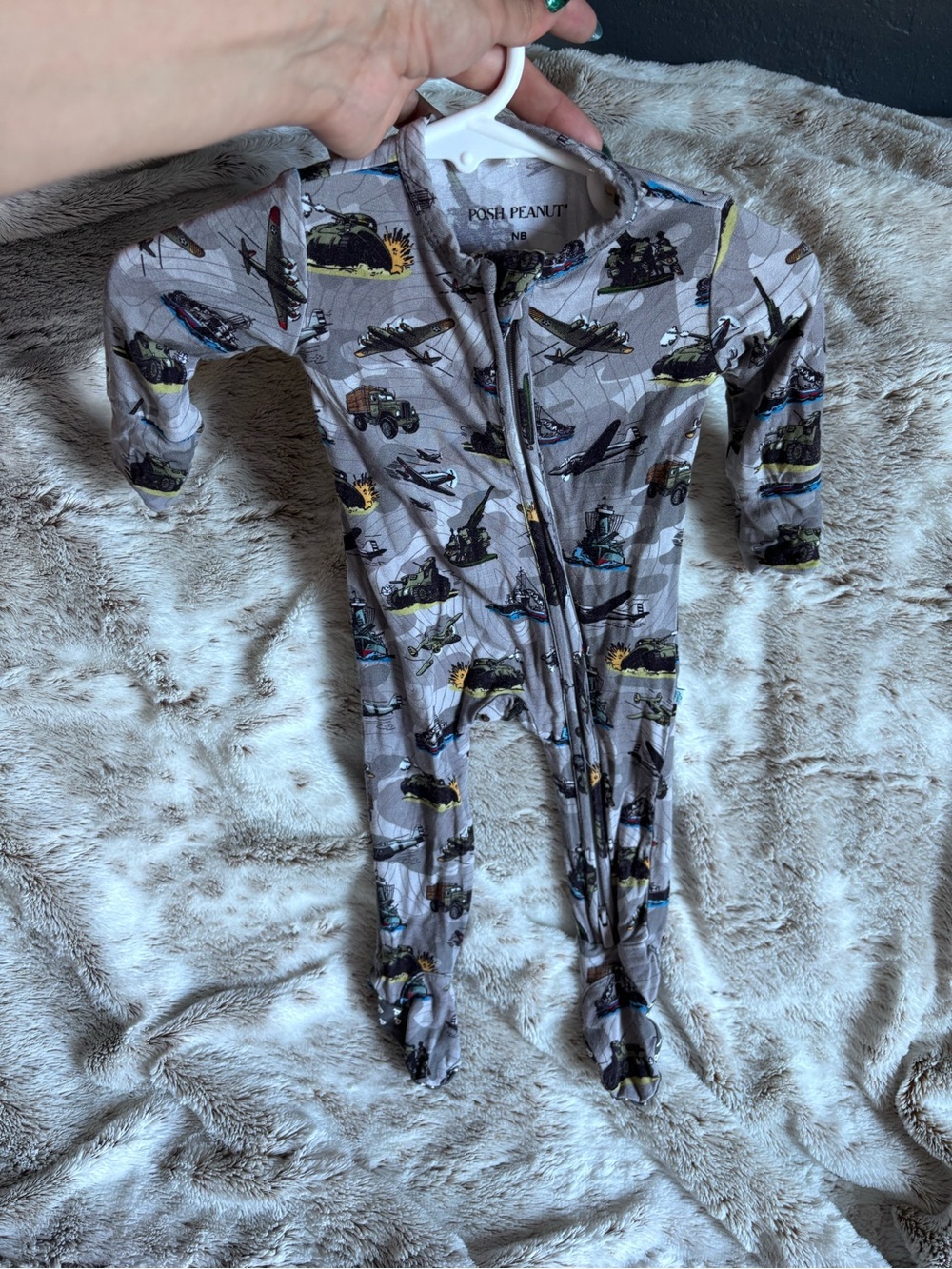 Posh Peanut Gray Footed One-Piece with Vehicle Print